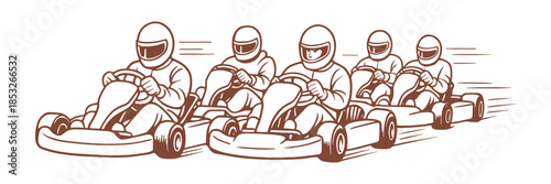 Vector illustration of a go-kart race with five drivers in helmets speeding on the track. Emphasizes motion, competition, and high-speed action in motorsport.