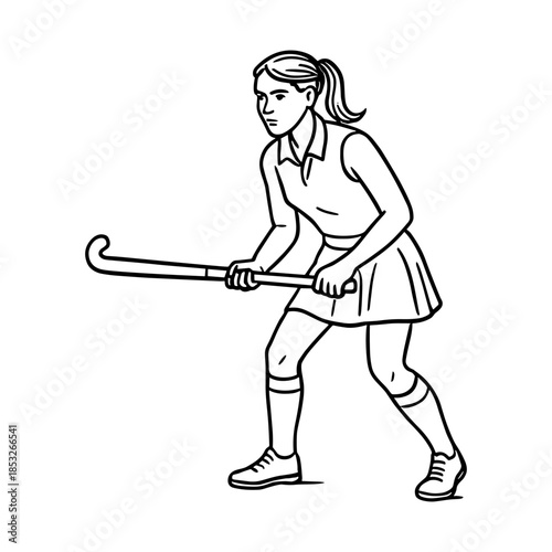 Vector illustration of a female field hockey player in a ready stance, holding a hockey stick with both hands, prepared for action.