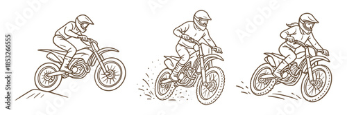 Vector illustration of motocross riders in action. Shows three motorcyclists, including a female rider, navigating off-road terrain with helmets and protective gear.