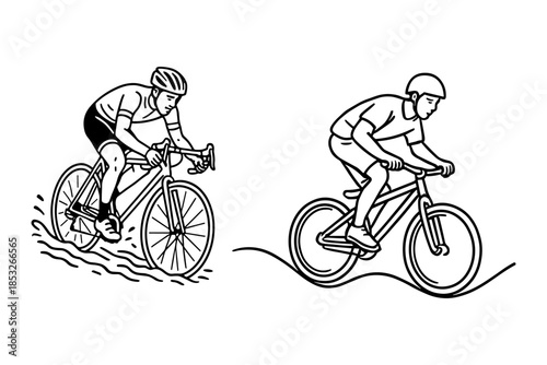 Vector illustration of two cyclists riding over uneven terrain. One rider is splashing through water, while the other is navigating wavy ground. Both wear helmets and ride off-road bicycles.