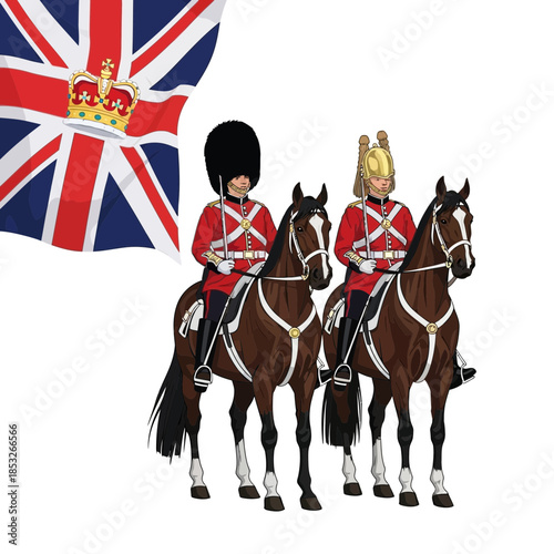 Two royal guards on horseback with british flag isolated on white background.