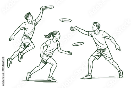 Vector illustration of people playing ultimate frisbee. Features two men and one woman in active poses—running, jumping, and throwing flying discs—demonstrating energy and teamwork.