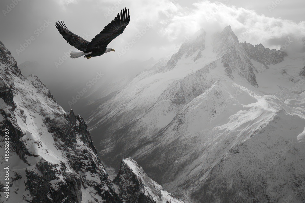 Fototapeta premium A majestic eagle soars over a snow-capped mountain range, a dramatic grayscale landscape