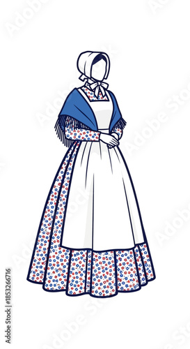 Woman in historical dress with bonnet shawl and apron on white background.