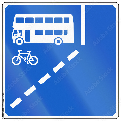 Informational road sign used in Ireland - Start of bus and cycle lane on the left