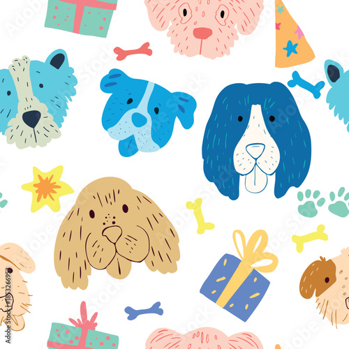 Photography A whimsical seamless vector pattern featuring adorable dogs celebrating a birthday, illustrated in a charming naive art style