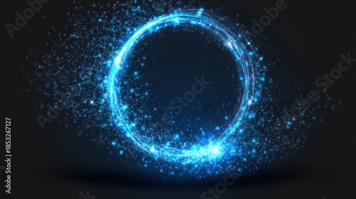 Bright blue sparkles create a circle in a dark setting. The particles shine and move around creating a dynamic effect that captivates attention. This visual shows light in a unique way.