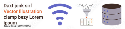 Wireless connectivity, data processing, cloud storage, database management, information flow, and digital technology. wireless icon, funnel diagram database stack. Connectivity and data processing