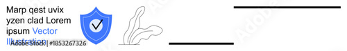 Data protection, identity verification, cybersecurity, safety protocols, online authentication, secure systems. Blue shield with checkmark, abstract organic shapes. Data protection and identity