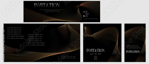 Luxury golden invitation card background, geometric wave gold line gradient frame different formats typography design. Elegant Template for advertising, gala card, grand opening, party invitation