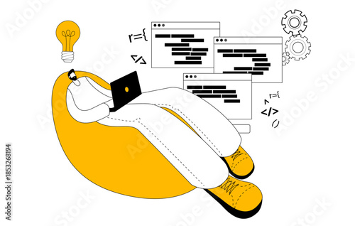 A man in casual clothes sits in a beanbag chair, pondering an idea in the form of a light bulb. He writes lines of code. Vector illustration on the theme of solving programming problems.