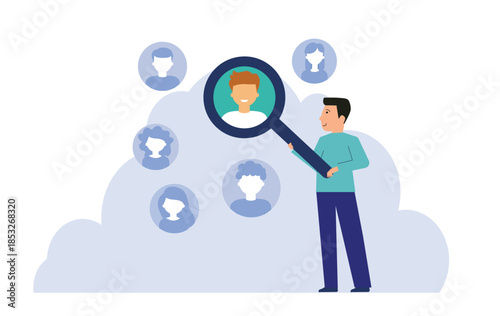 Human Resources find people to fill in job vacancy concept, searching for candidate, businessman look through magnifying glass to find candidate people