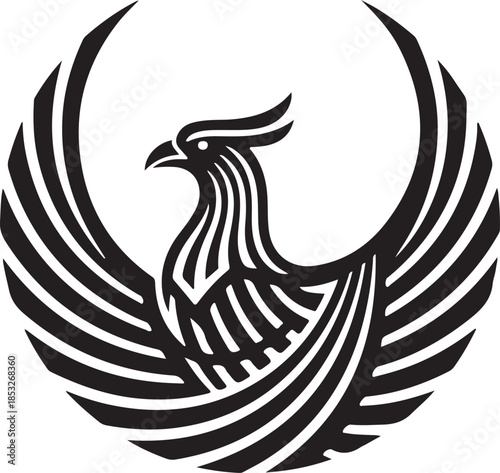 Stylized phoenix bird with widespread wings in an elegant black and white graphic illustration, symbolizing rebirth, power, and triumph.