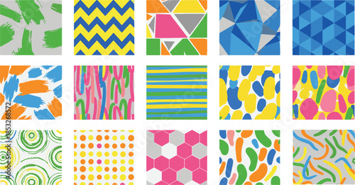 Abstract Geometric Seamless Pattern Set Featuring Colorful Hand Drawn Brush Strokes Shapes Polygons Stripes And Dots In Flat Vector Illustration