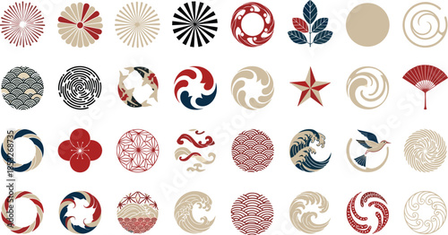 Collection of circular Japanese symbols featuring wave patterns koi fish cherry blossoms fans and abstract geometric motifs in oriental colors