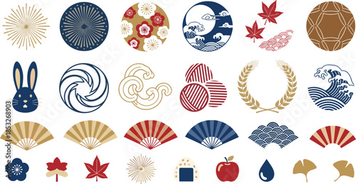 Collection of traditional Japanese icons featuring a rabbit maple leaves ocean waves folding fans and rice balls in oriental colors.