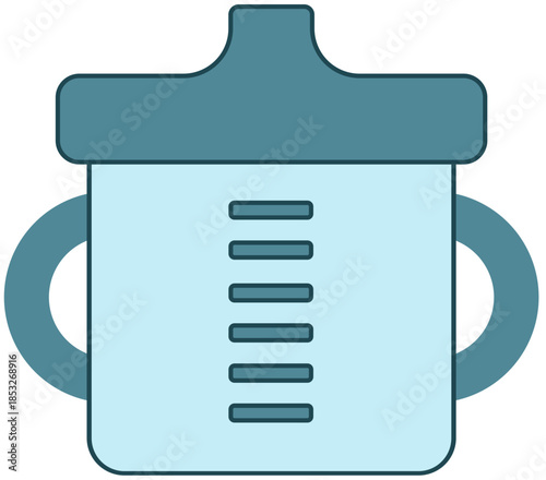 Minimalist Teal Blue Toddler Training Cup Illustration with Measurement Scale and Double Handles for Baby Care Graphics