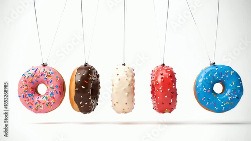 A whimsical Newton's cradle made of colorful swinging donuts in a satisfying conceptual loop animation.
