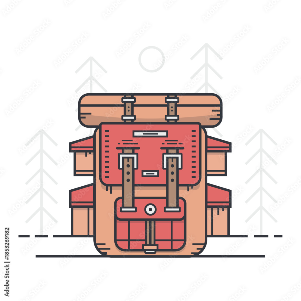 Obraz premium Colorful illustration of a red and brown hiking backpack with luggage on top against a white background with trees.