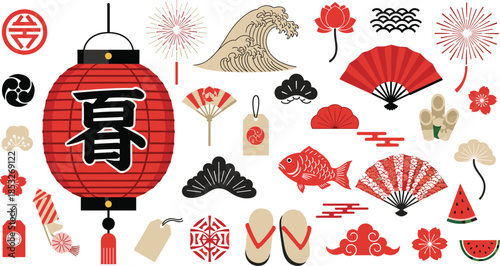Japanese summer collection featuring a large red paper lantern fireworks ocean waves folding fans and traditional seasonal festival icons vector.