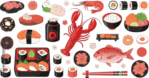 Japanese seafood collection with lobster red snapper sushi rolls bento box sashimi and traditional fish dishes isolated on white background vector.