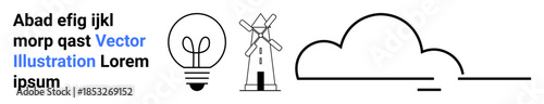 Sustainable energy, technology, creativity, urban planning, eco-friendly design, agriculture. Light bulb, windmill and cloud outline. Sustainable energy and technology concept