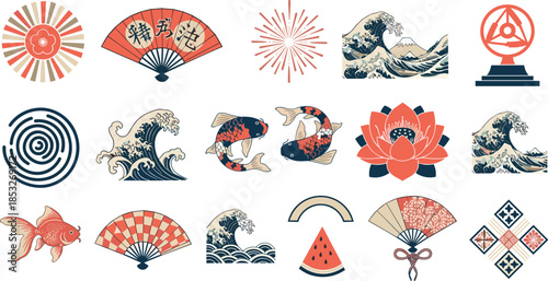 Japanese traditional art collection featuring the Great Wave Kanagawa koi fish lotus flowers folding fans and red sun design elements.