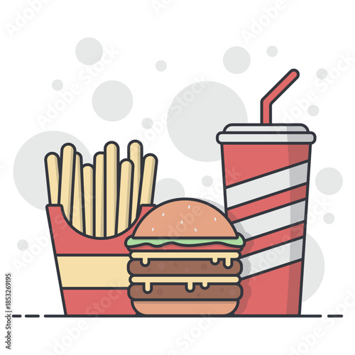 Flat lay illustration of a cheeseburger, fries, and soda with a red and white striped cup on a clean white background with gray polka dots.