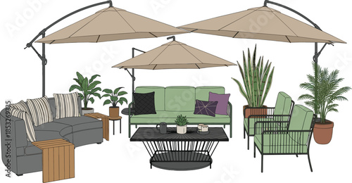 Outdoor patio furniture set featuring green sofas grey sectional couch cantilever umbrellas coffee table and potted plants in cad drawing style.