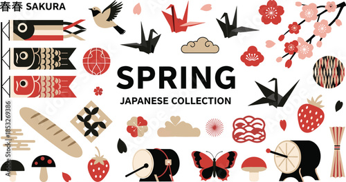 Spring Japanese collection featuring Sakura cherry blossoms origami cranes koinobori fish flags and traditional seasonal icons isolated on white background.