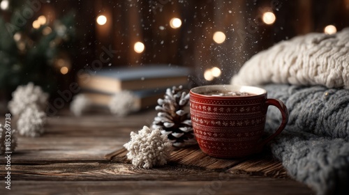 A cup with a warm drink sits on a wooden table surrounded by cozy textures and holiday lights. Pine cones and decorative items add to the winter scene.