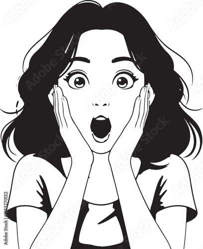 Surprised young woman with wide eyes and open mouth in an expressive comic illustration, hands on cheeks, showing shock or amazement