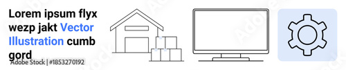 Warehouse with stacked boxes, computer monitor, and gear element emphasizing logistics, storage, technology, automation, process optimization, supply chain management, and simple landing page