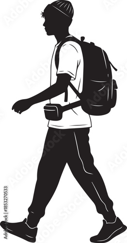 Silhouette of young person walking with a backpack and fanny pack, moving forward, representing travel, exploration, and modern journey.