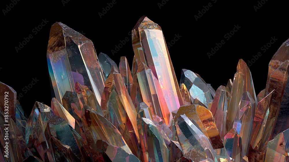 Fototapeta premium Rising crystal peaks made of iridescent minerals on black background, showcasing sharp facets and rainbow colors, symbolizing nature's abstract beauty