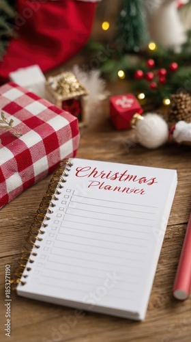 Christmas Planner Blank Checklist for Gifts on Wooden Table with Festive Decorations