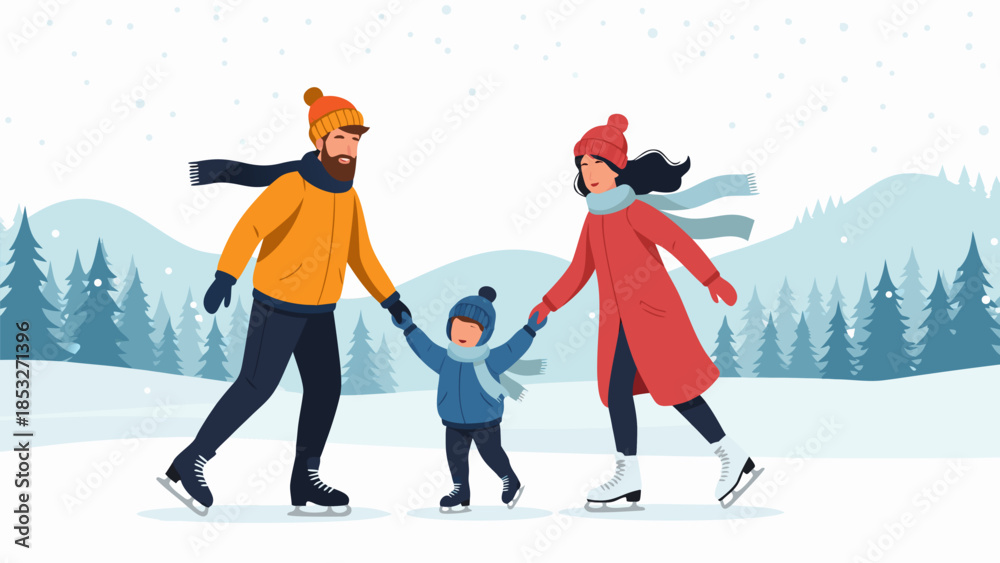 Fototapeta premium Joyful family enjoys ice skating together on a frozen pond in a snowy winter landscape