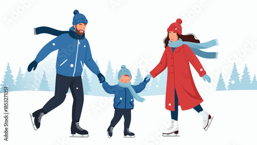 Winter family ice skating joy parents and child enjoying a frosty outdoor activity together