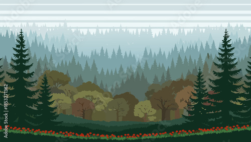 Misty forest landscape with pine trees and blooming red flowers in the foreground, a serene natural illustration