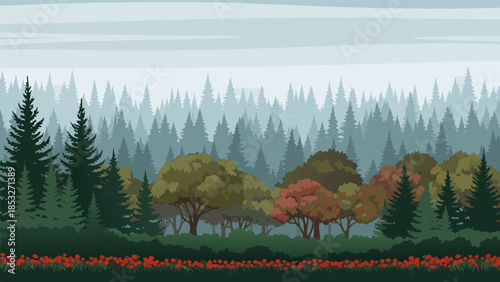 Idyllic Forest Panorama A Lush Tapestry of Evergreen and Deciduous Trees Under a Hazy Sky
