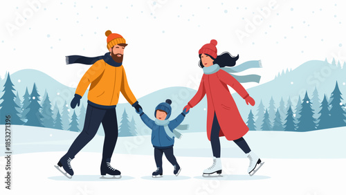 Joyful family enjoys ice skating together on a frozen pond in a snowy winter landscape
