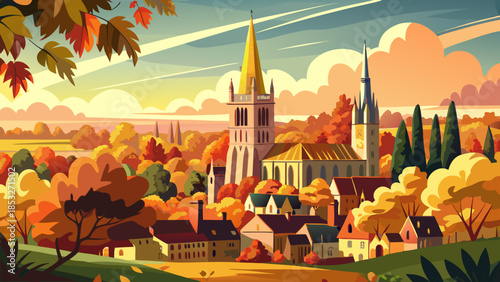 Very beautiful sunny autumn view of Norwich Cathedral tower rising above historic surroundings, highlighted by warm seasonal light and classic English architectural character.