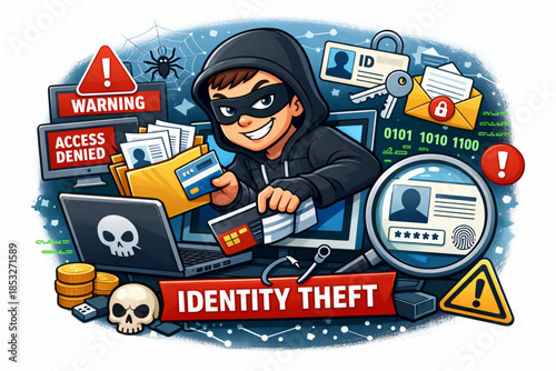 Cartoon Hacker Stealing Data – Cyber Security Warning and Identity Theft Vector Illustration