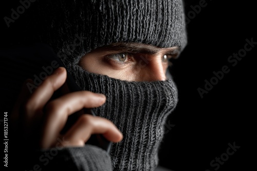 Close-up of a criminal wearing a black balaclava while talking on a smartphone, representing telephone fraud, social engineering, and identity theft in a dark cinematic style.