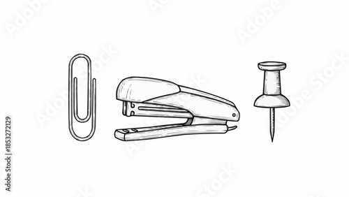 A paperclip, stapler, and thumbtack are arranged on a clean, uncluttered surface