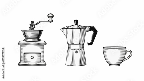 Vintage coffee grinder, moka pot, and cup set against an empty background, embodying a timeless aesthetic and perfect for your coffee-related projects
