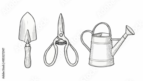 Garden tools on display, including a shovel, scissors, and watering can. These tools are essential for any gardener to cultivate their passion for plant life.