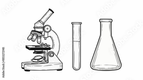 Black and white illustration of microscope, a test tube and a conical flask, essential tools for scientific experiments
