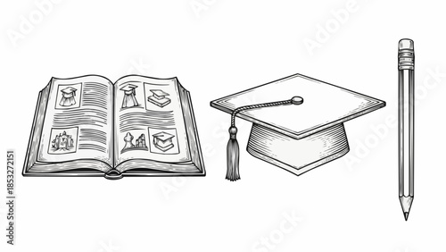 Education, knowledge, and academic achievement illustrated with a book, graduation cap, and pencil. It represents the journey of learning, from books to higher education