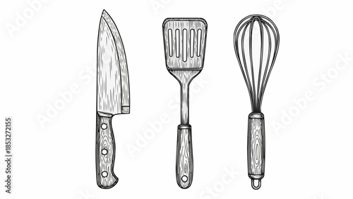 Kitchen tools including knife, spatula and whisk in vintage black and white illustration